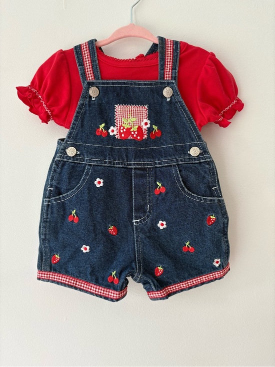 Nanna’s Pet Other - Vintage Baby Overall Set-Nanna’s Pet Red T-shirt, Embroidered Overall+Hat Set